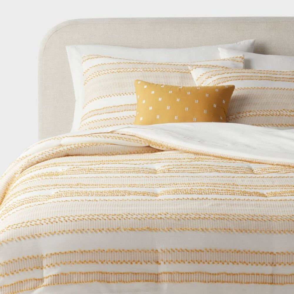 8pc Queen Clipped Jacquard Striped Comforter and Sheet Set Yellow - Threshold